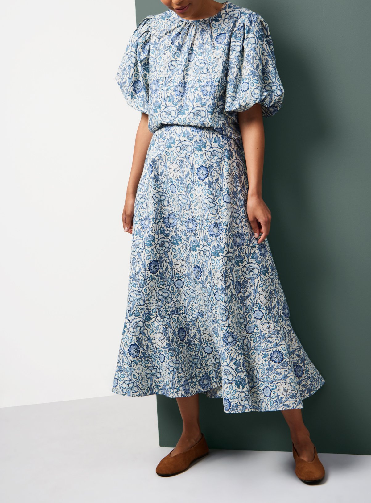 Tu x Morris & Co. Blue Pink & Rose Print Full Midaxi Skirt 