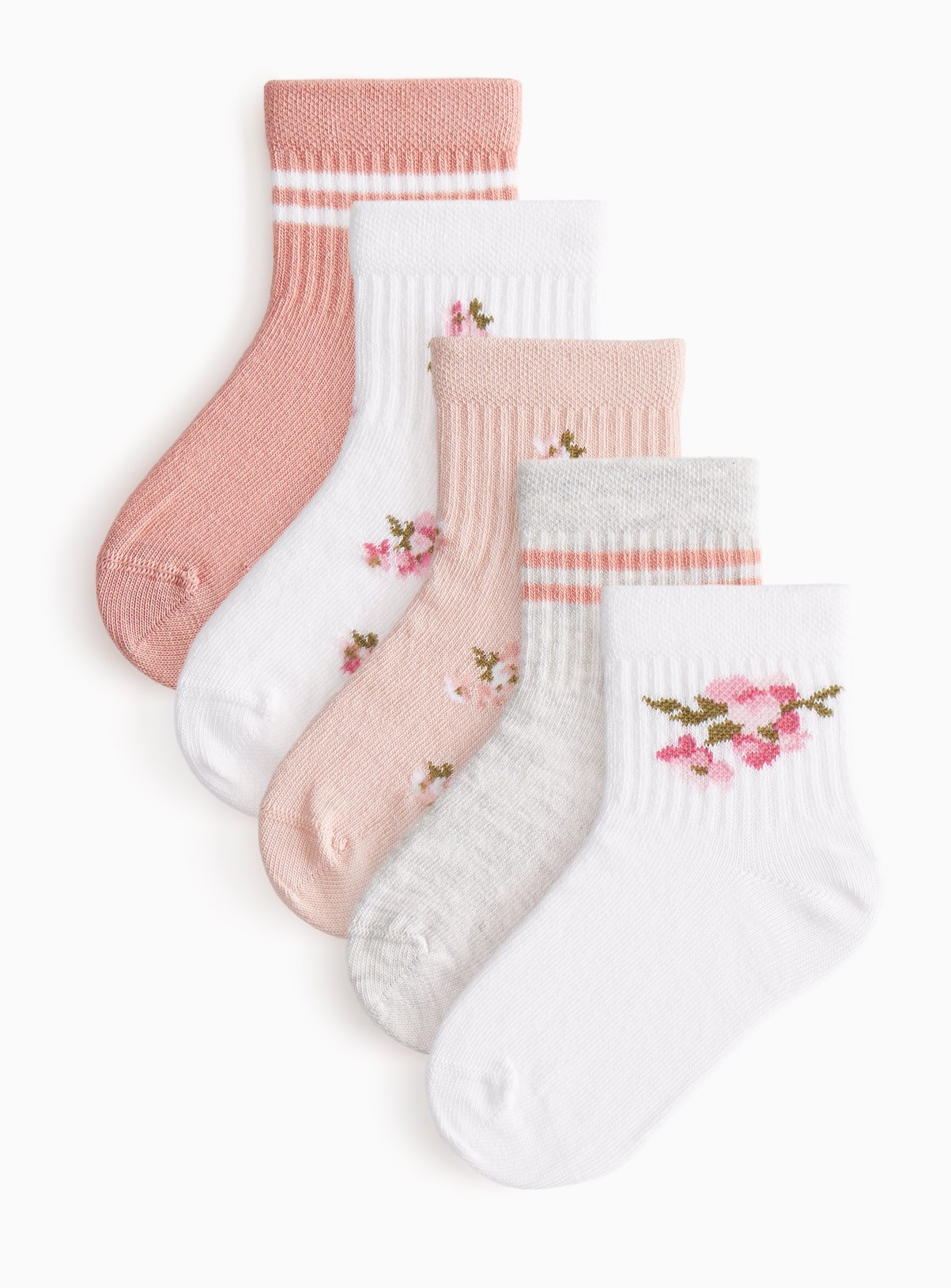 Floral & Stripe Print Cropped Sports Ankle Socks 5 Pack 12.5-3.5