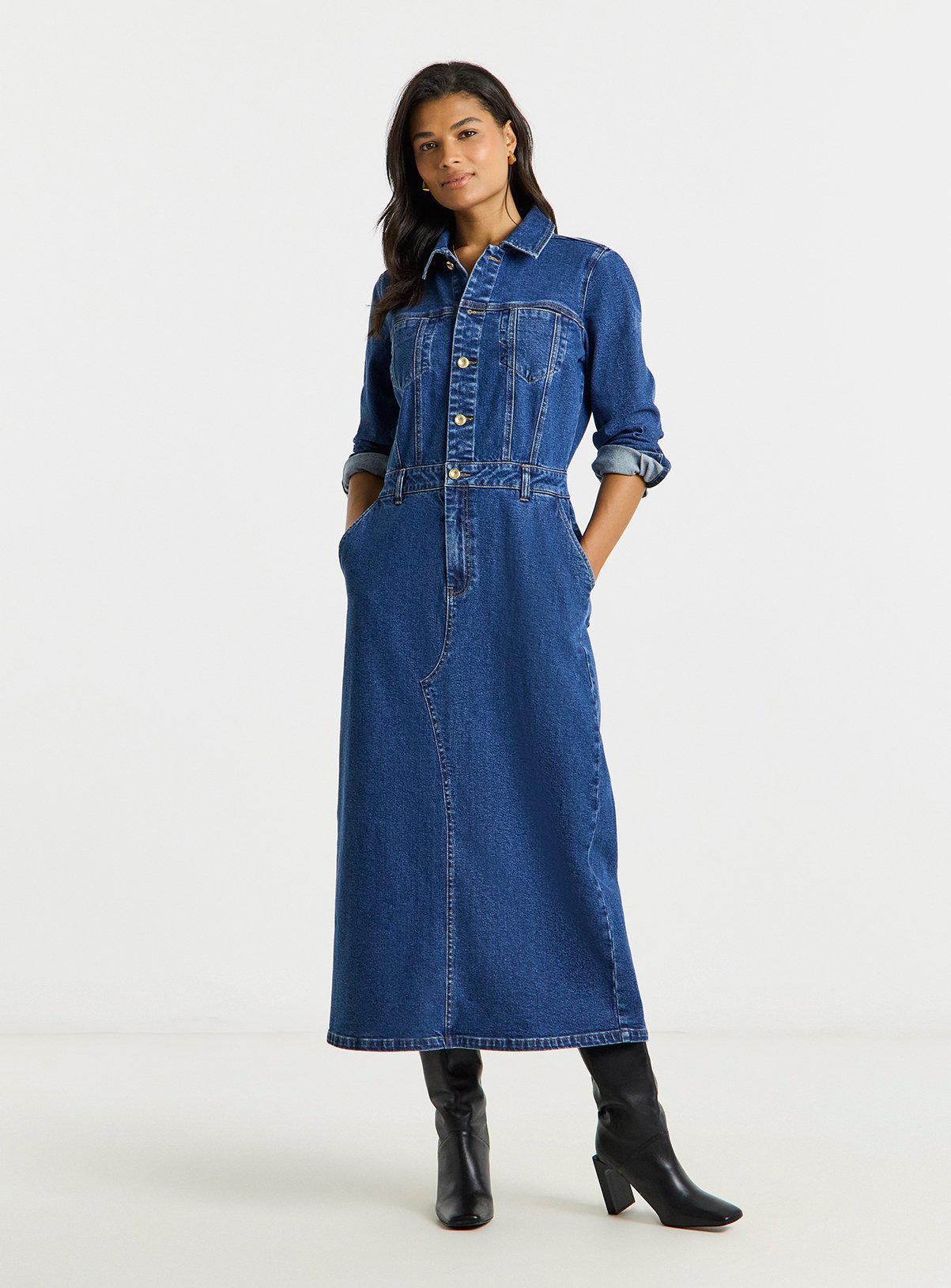 SIMPLY BE Statement Button Midaxi Denim Dress 