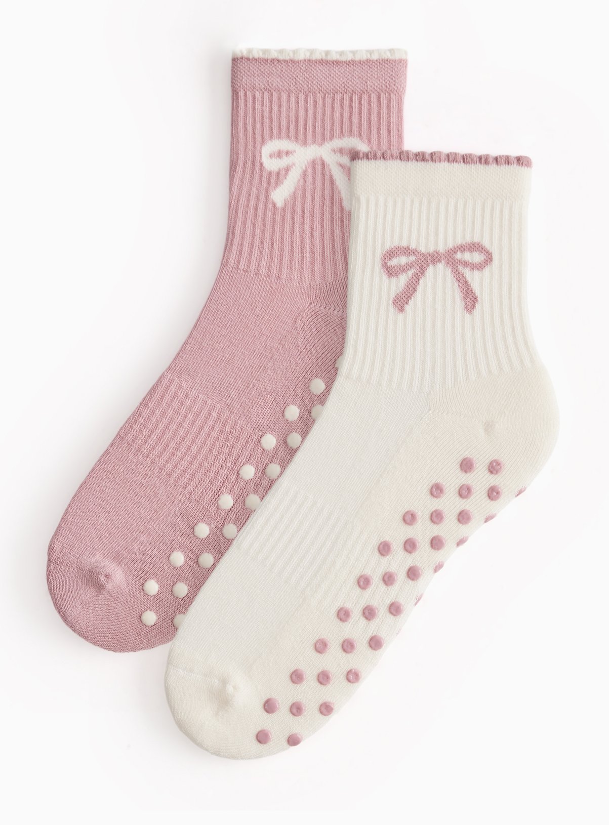 Cream & Pink Bow Detail Cropped Pilates Ankle Socks 2 Pack 4-8
