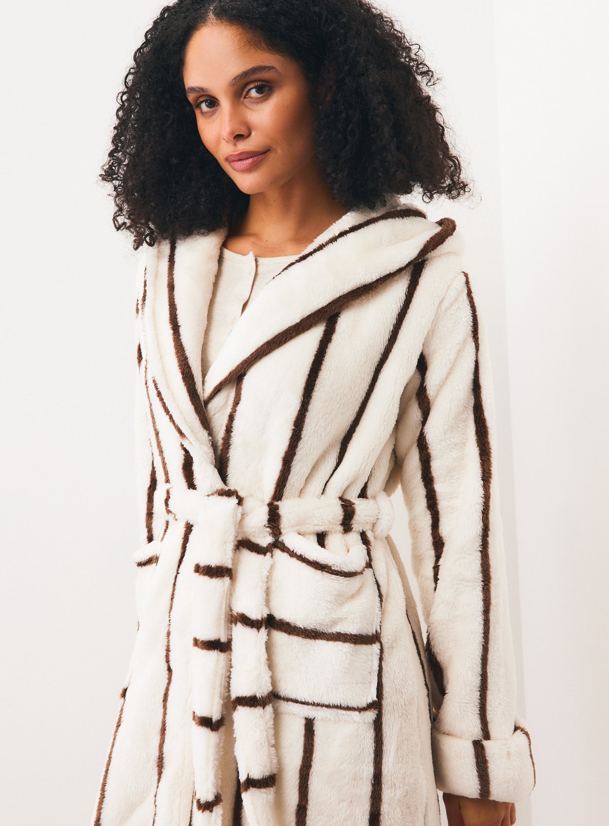 Contrast Stripe Plush Hooded Dressing Gown 