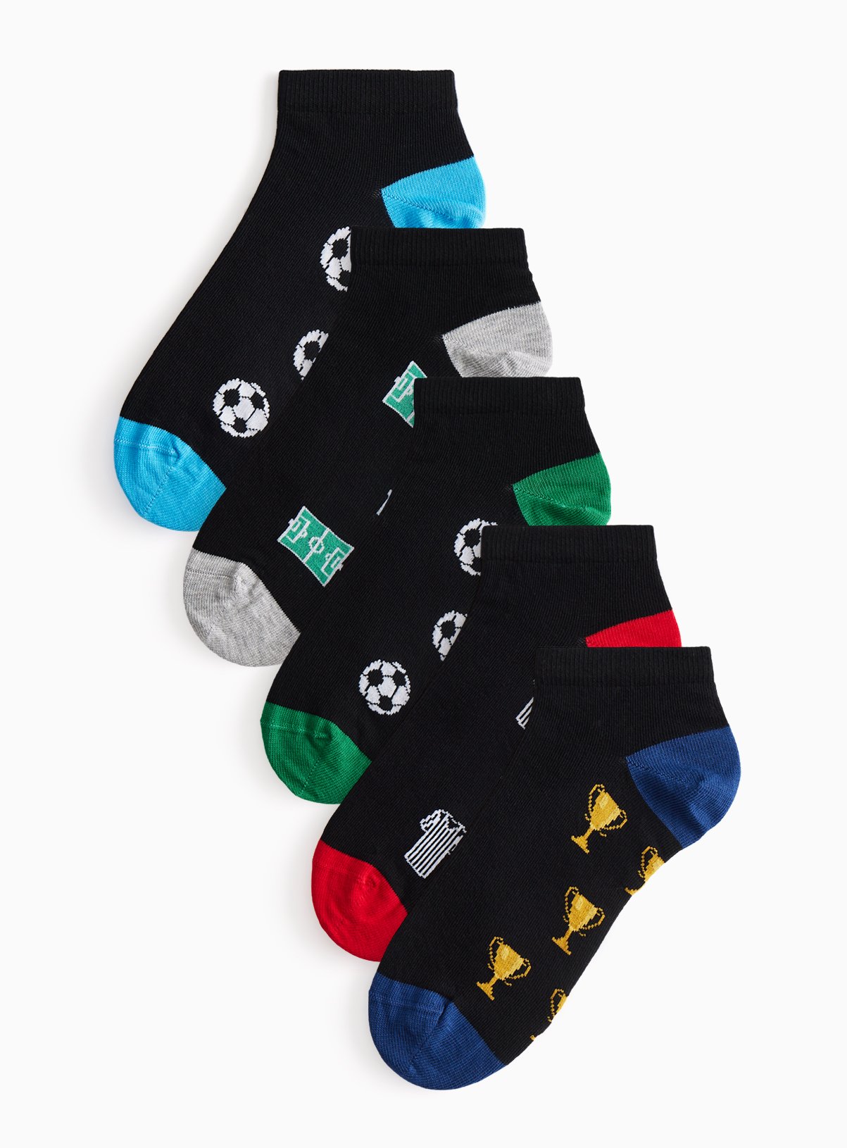 Black Football Footbed Print Trainer Socks 5 Pack 6-8.5