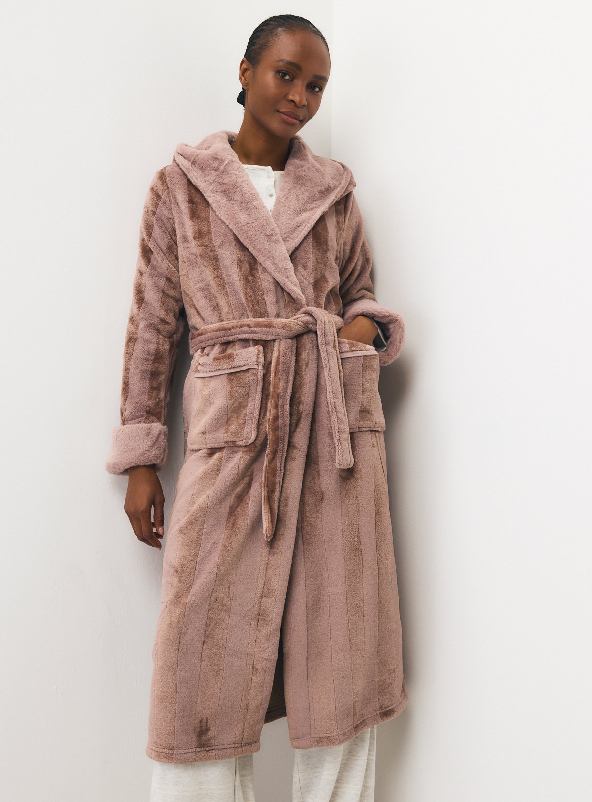 Neutral Shadow Stripe Plush Dressing Gown XL