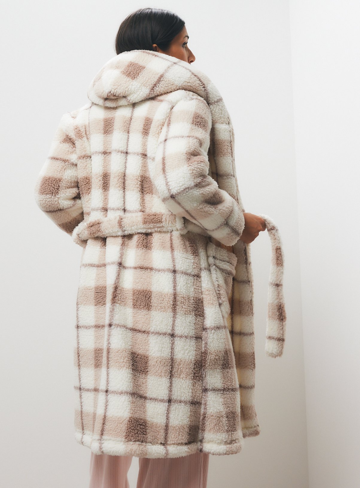 Neutral Checked Borg Hooded Dressing Gown  