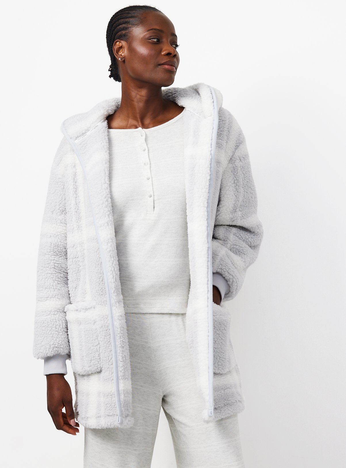Grey Check Borg Hooded Dressing Gown 