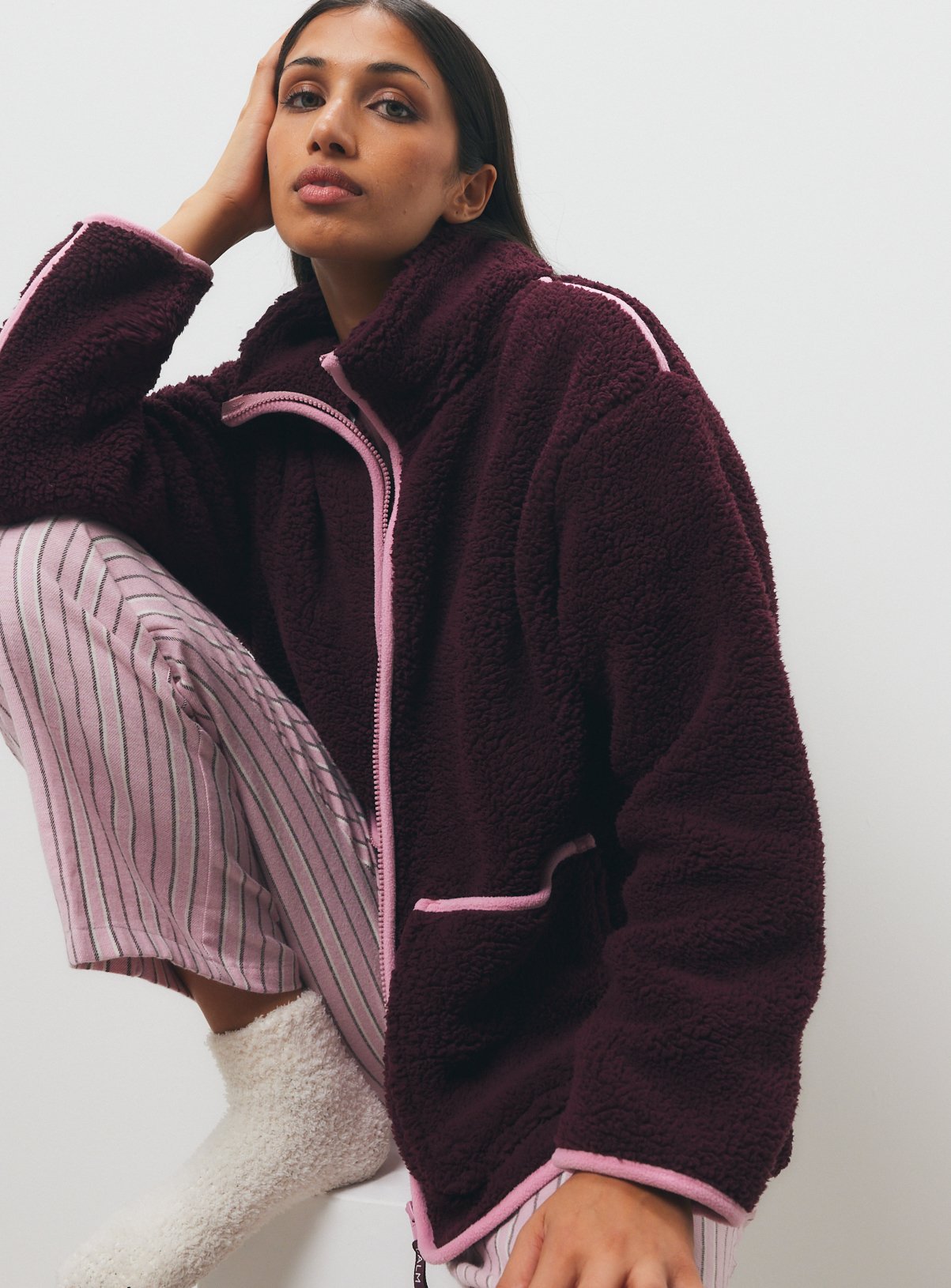 Plum Borg Fleece Zip Through Pyjama Top 