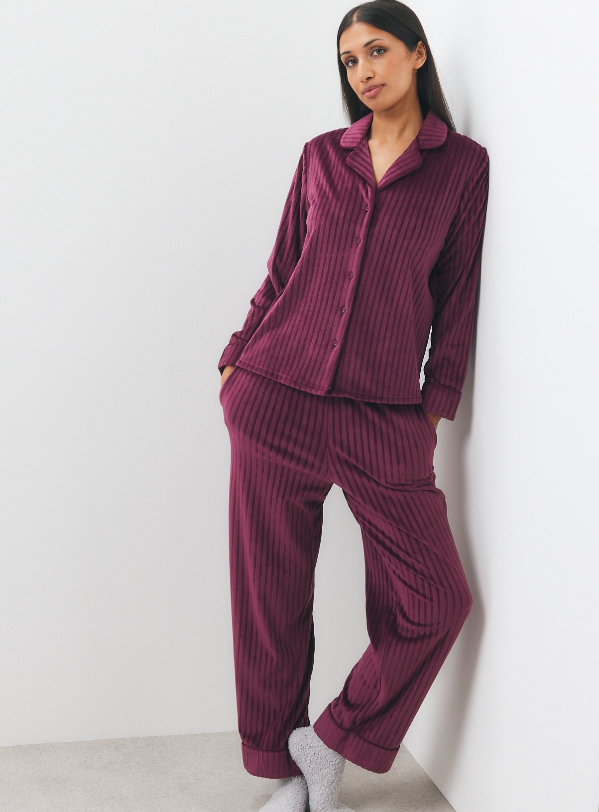 Plum Carved Stripe Slinky Traditional Pyjamas 
