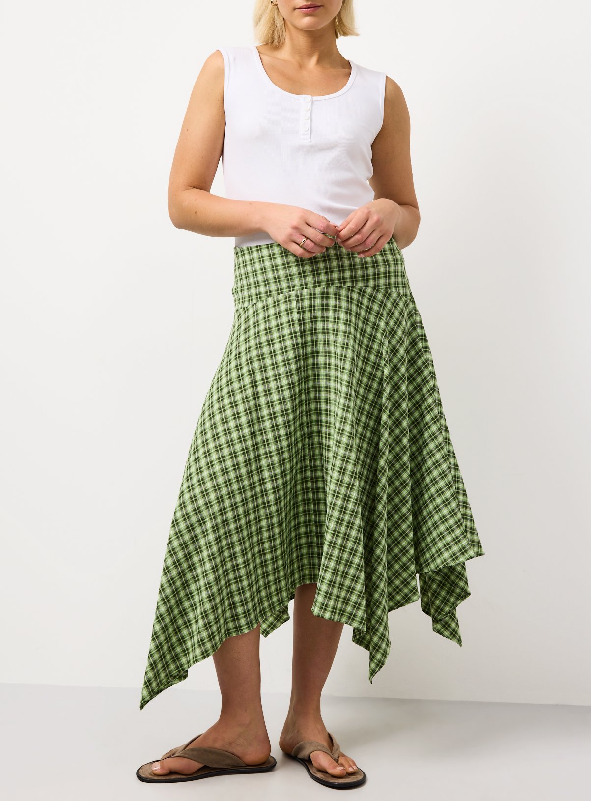 Green Check Print Hanky Hem Midi Skirt