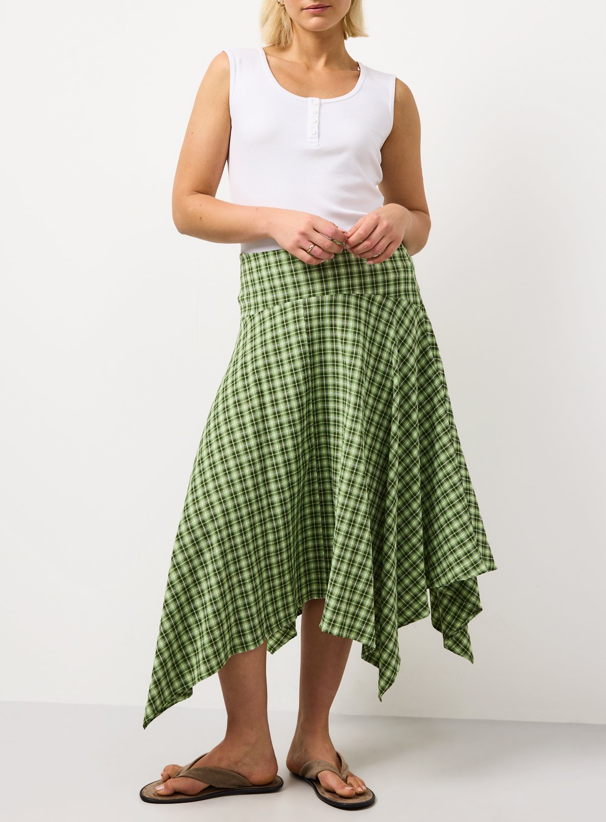 Green Check Print Hanky Hem Midi Skirt 