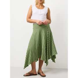 Green Check Print Hanky Hem Midi Skirt