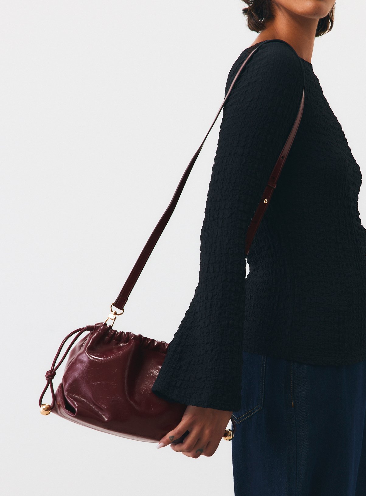 Burgundy Drawstring Gathered Cross Body Bag One Size