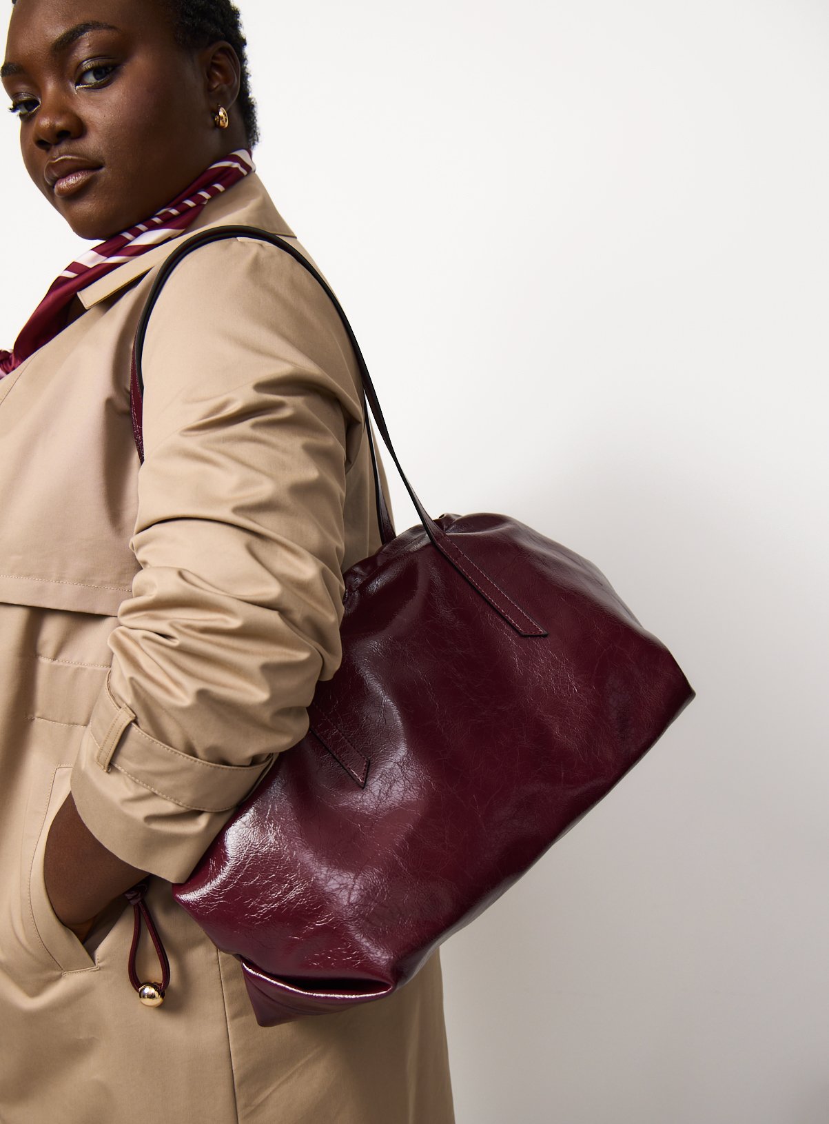 Dark Red Drawstring Gathered Top Shopper Bag One Size