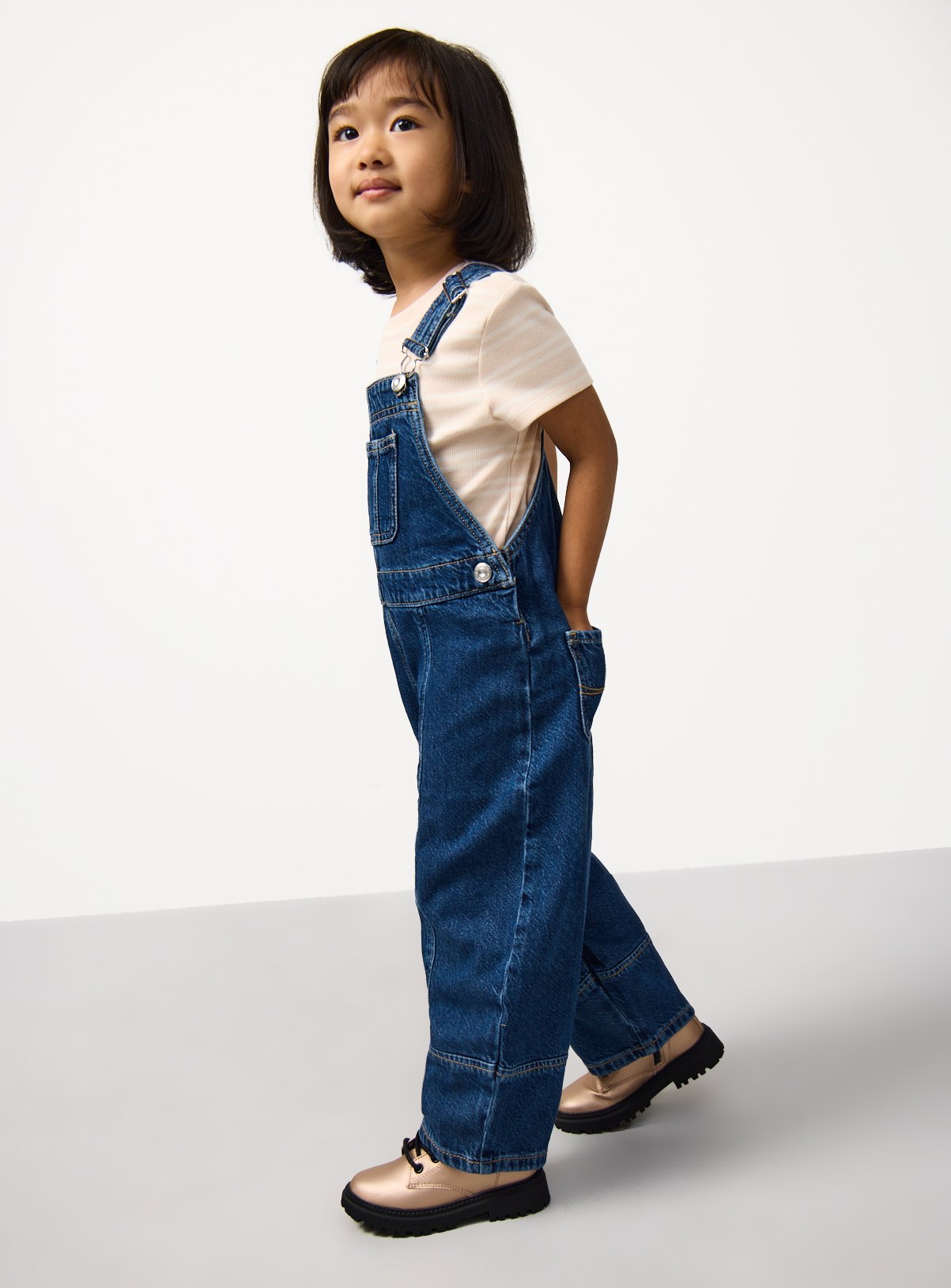 Dark Wash Denim Barrel Leg Dungarees 