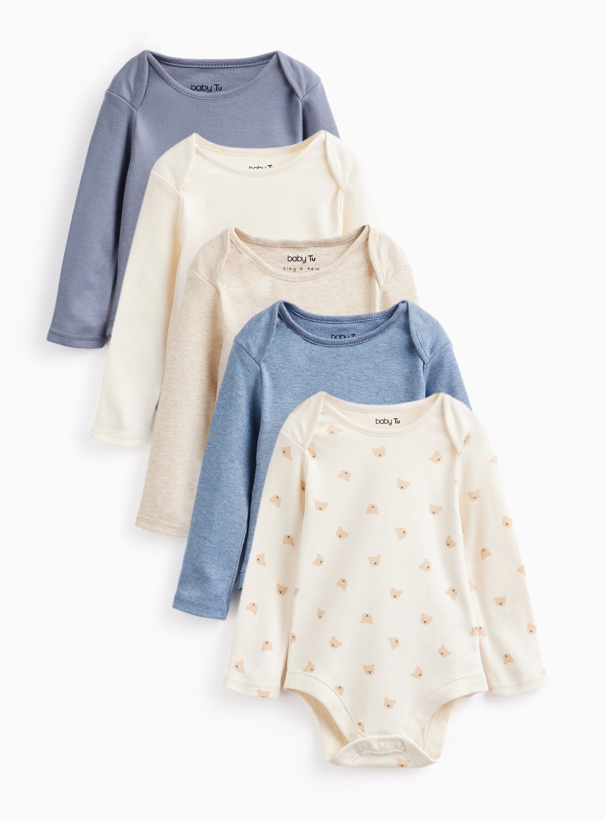 Blue Shades & Bear Print Long Sleeve Bodysuits 5 Pack 18-24 months
