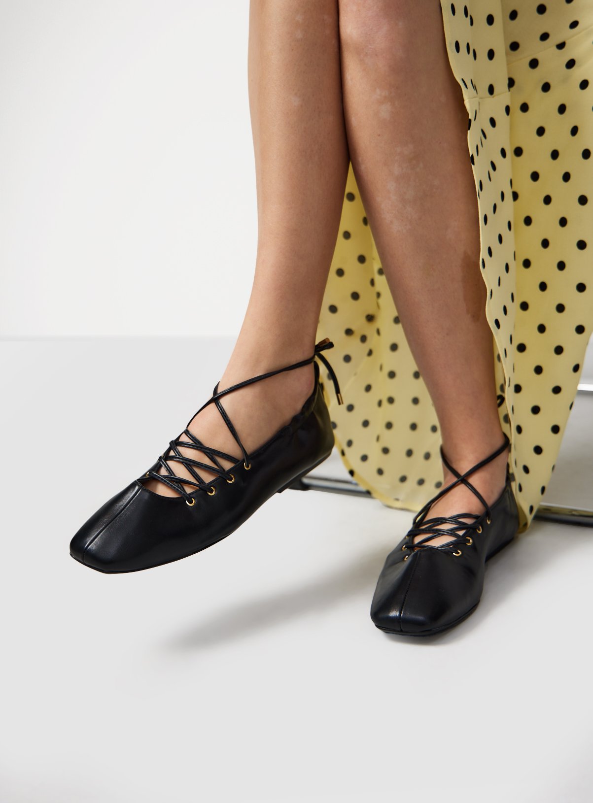 Faux Leather Lace Up Ballerina Shoes 