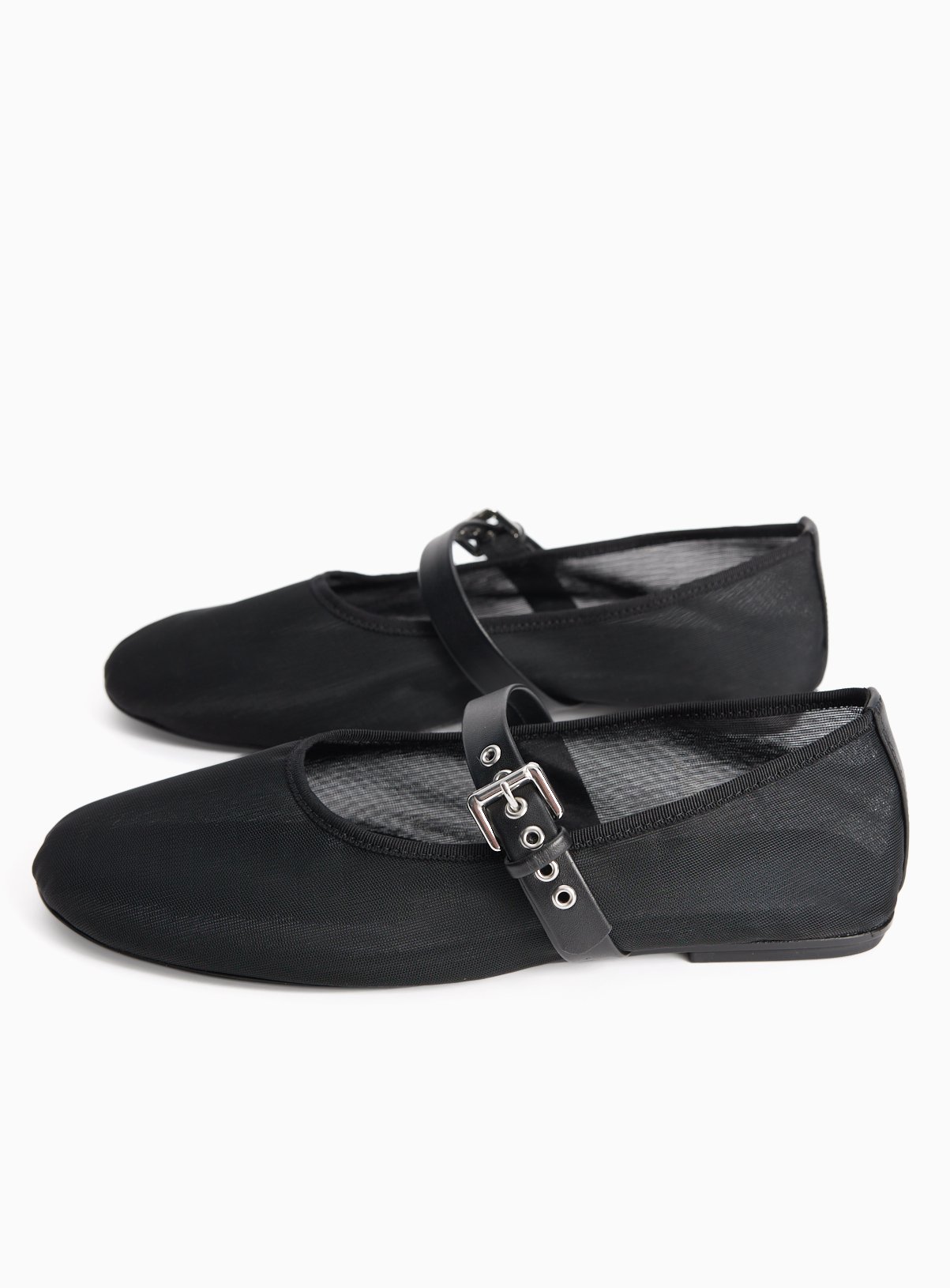 Black Mesh Buckle Detail Ballerina Shoes 