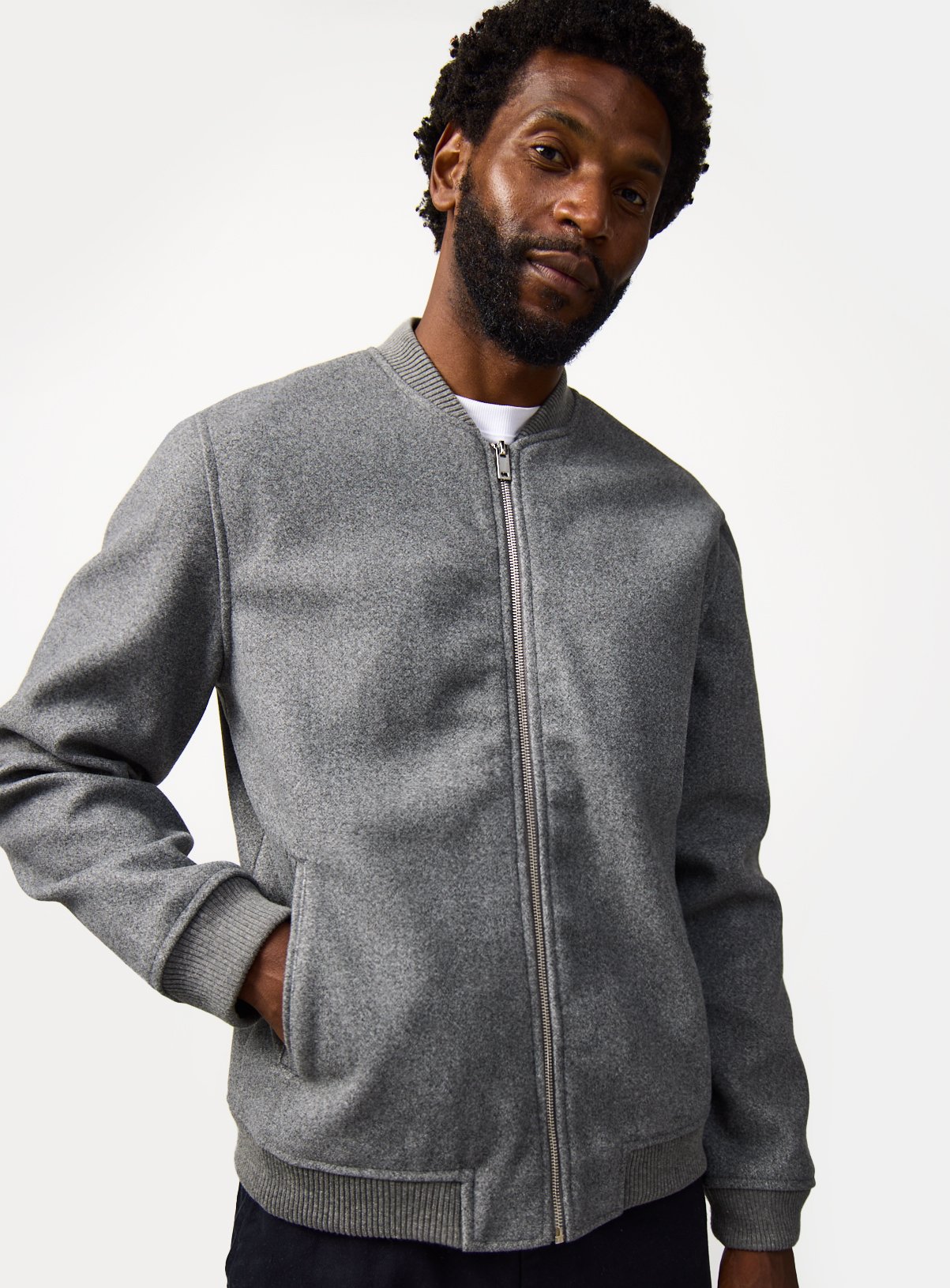 Grey Wool Look Bomber Jacket 