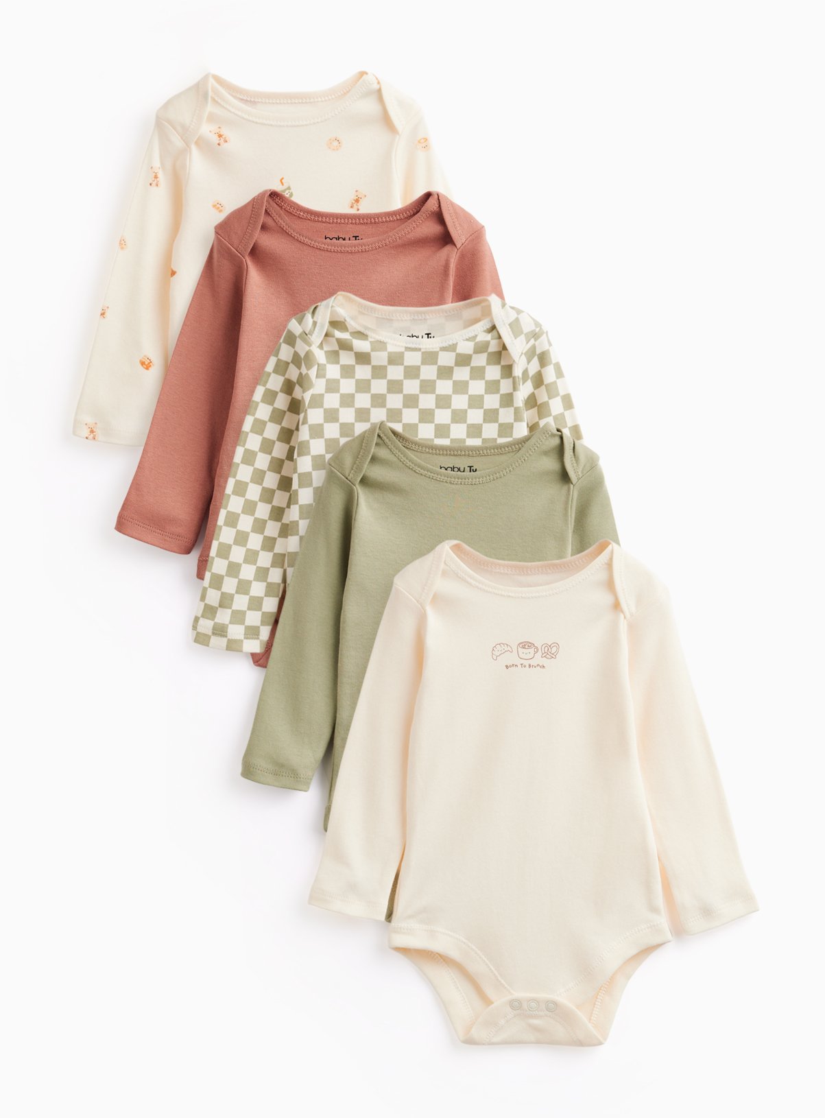 Brown & Green Print Long Sleeve Bodysuits 5 Pack 