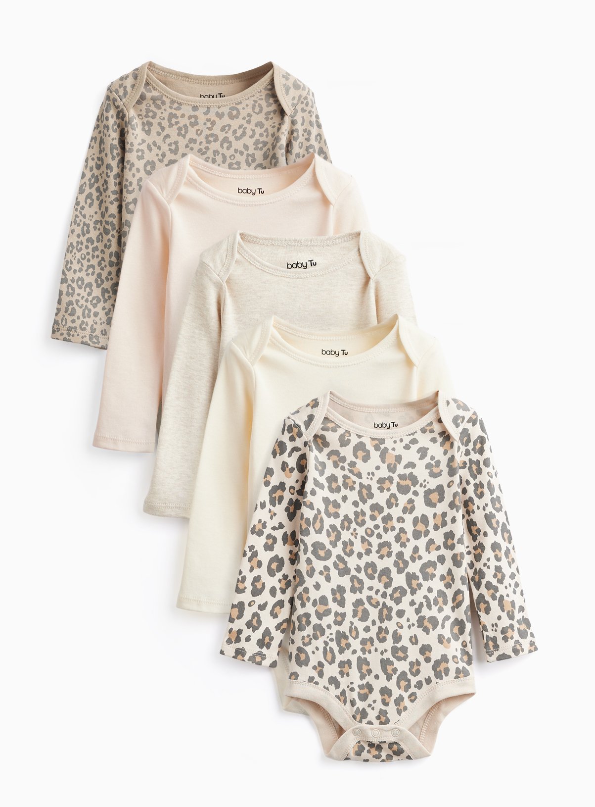 Cream & Animal Print Long Sleeve Bodysuits 5 Pack Up to 3 mths