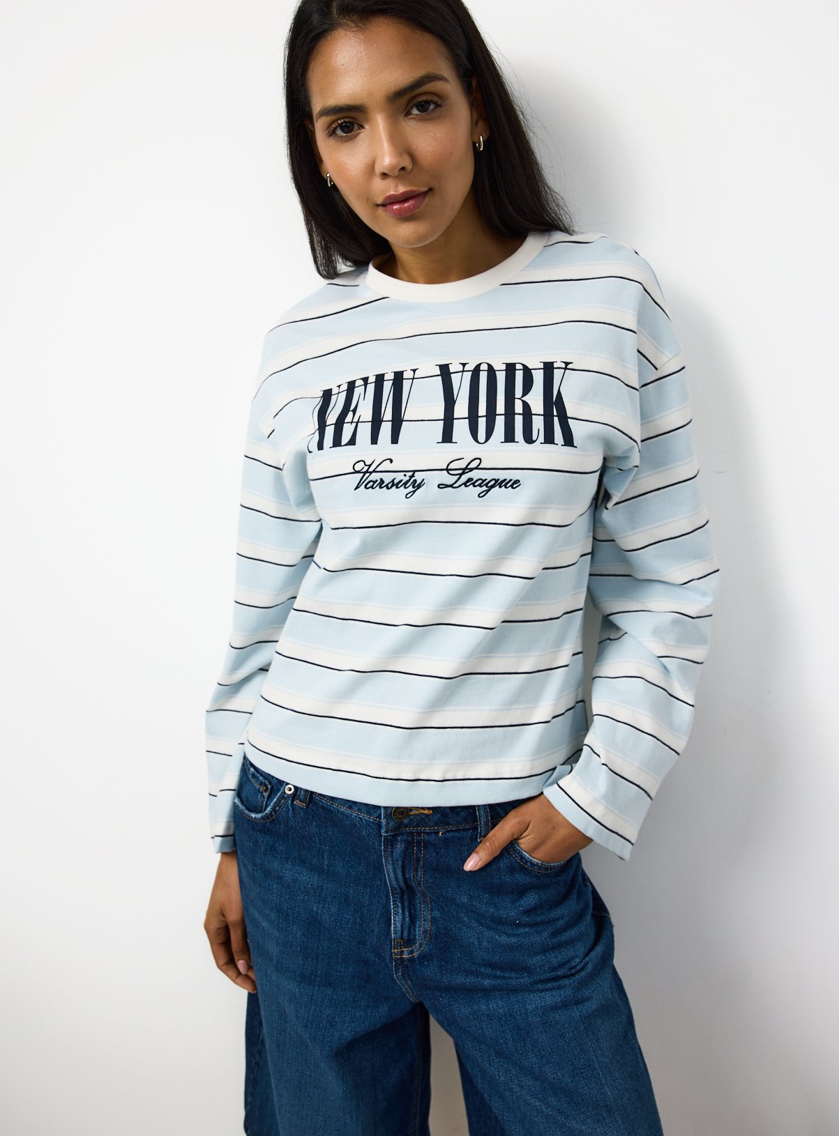 Blue Stripe New York Graphic Long Sleeve T-Shirt 
