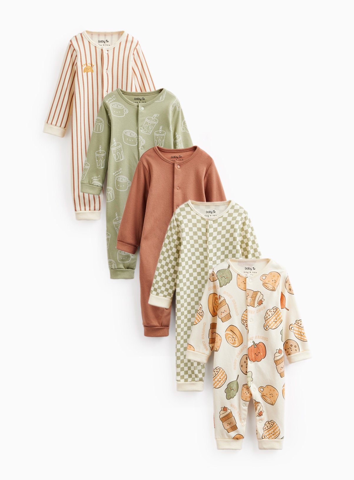 Matcha Print Grow with Me Cuffs & Hems Sleepsuits 5 Pack  