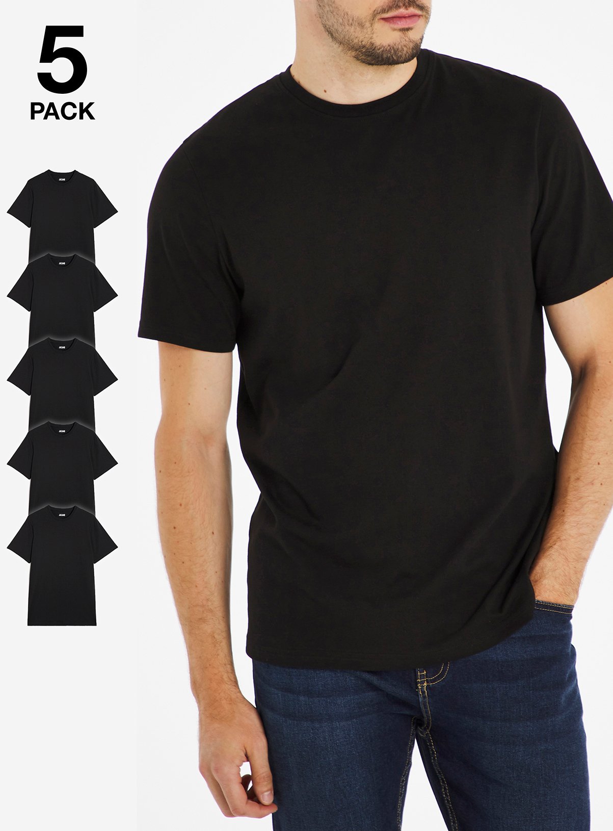 JACAMO 5 Pack Black Crew T Shirt Regular Length L