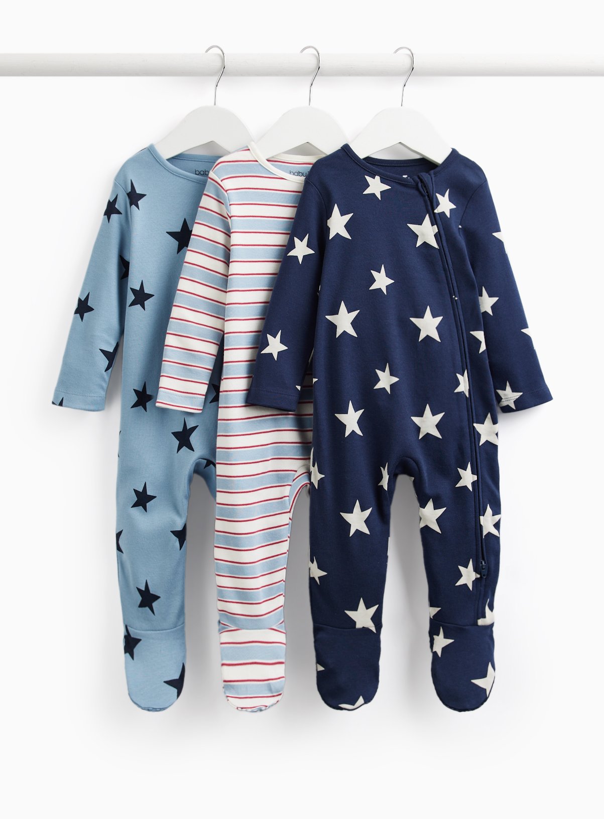 Blue Tiny Baby Stars and Stripes Print Sleepsuits 3 Pack 