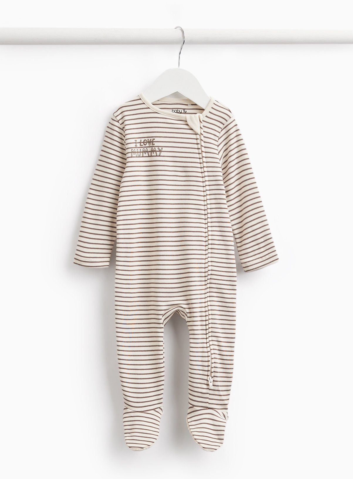Cream Stripe I Love Mummy Print Sleepsuit 