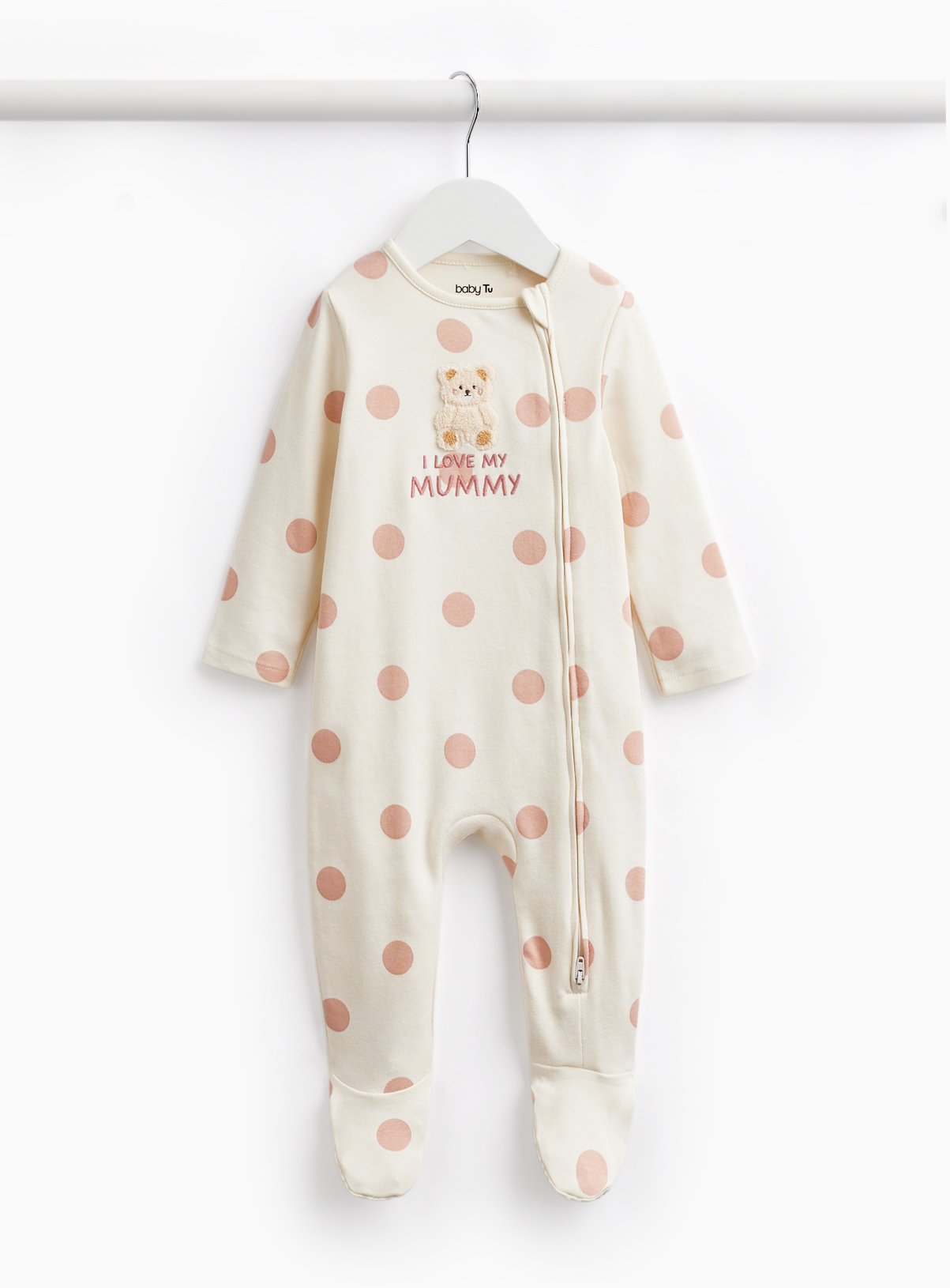 Cream Polka Dot I Love My Mummy Print Sleepsuit 