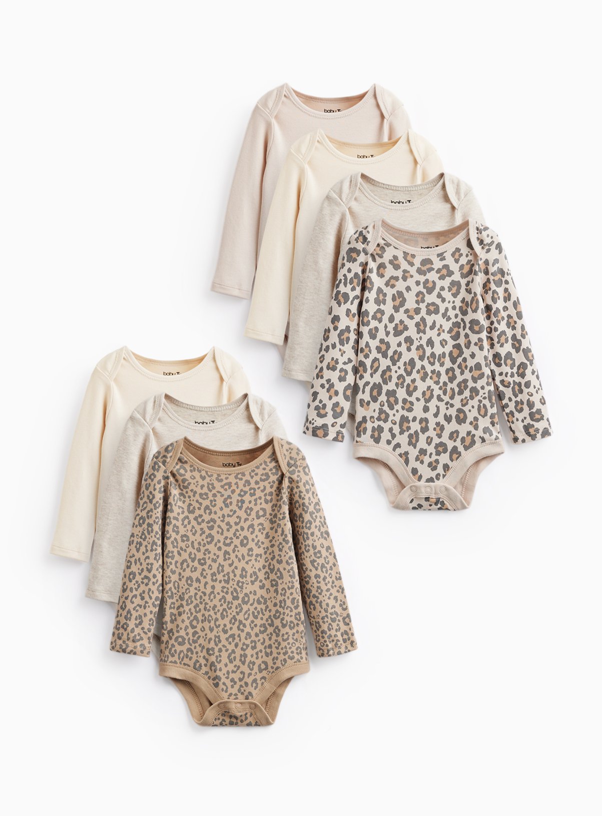 Neutral Shades & Leopard Print Long Sleeve Bodysuits 7 Pack Up to 3 mths