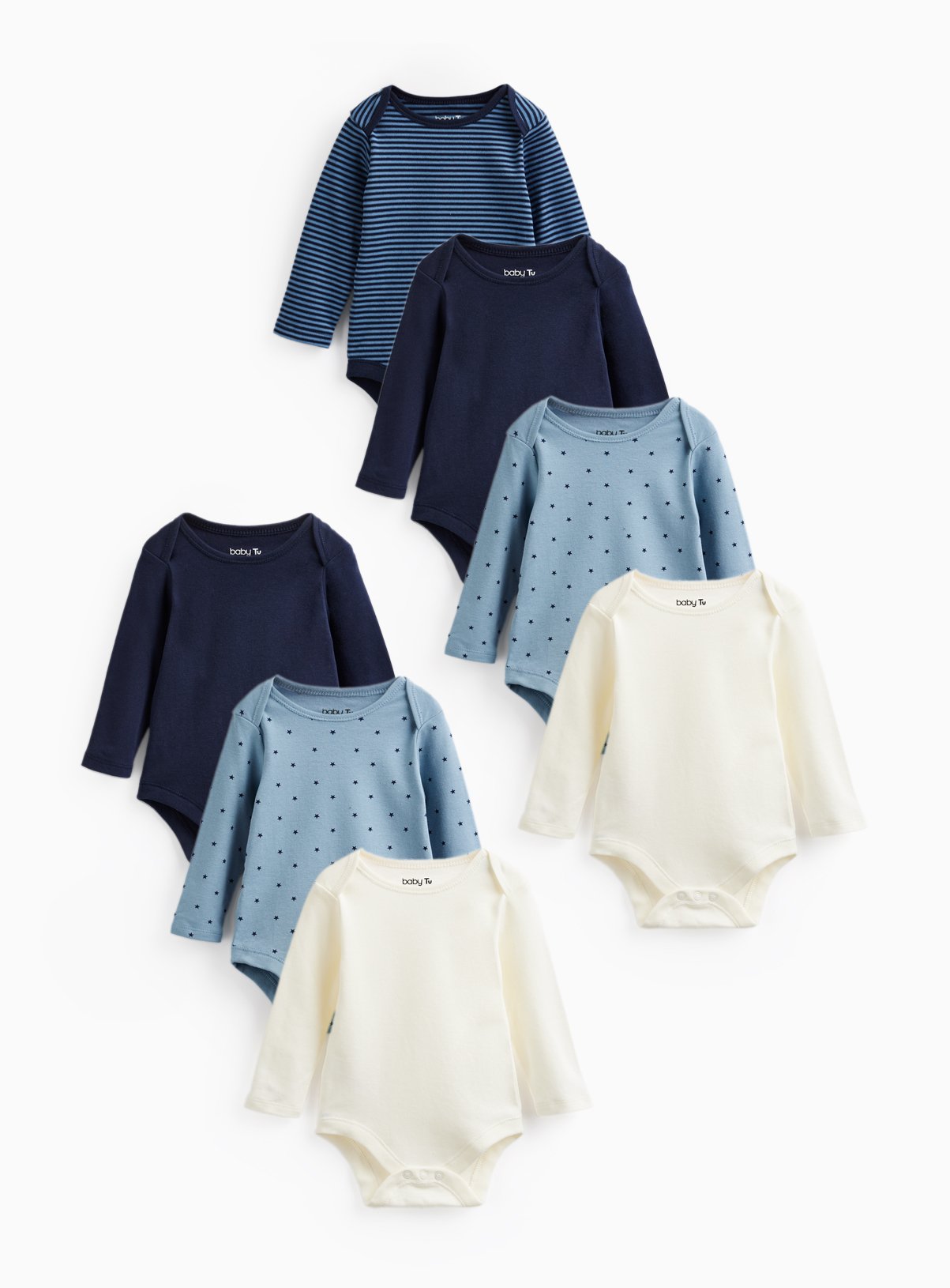 Blue Star Print Long Sleeve Bodysuits 7 Pack 