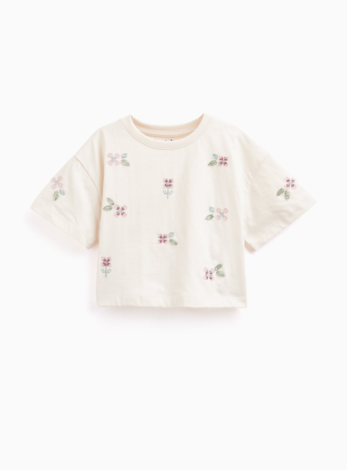 Cream Cross-stitch Print Boxy T-shirt 6 years