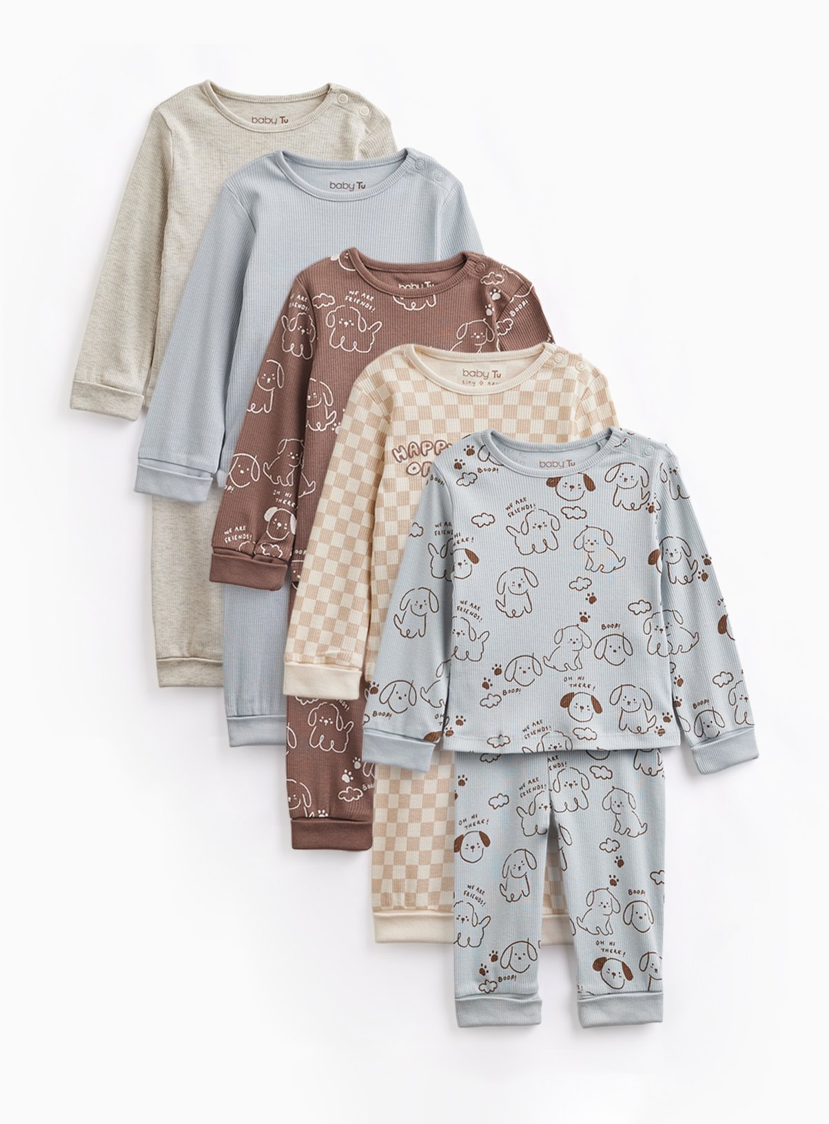 Blue & Brown Dog Print Ribbed Pyjama Sets 5 Pack 