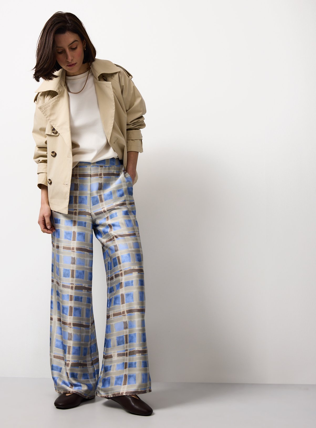 Checked Balloon Ultra Wide Leg Satin Trousers 