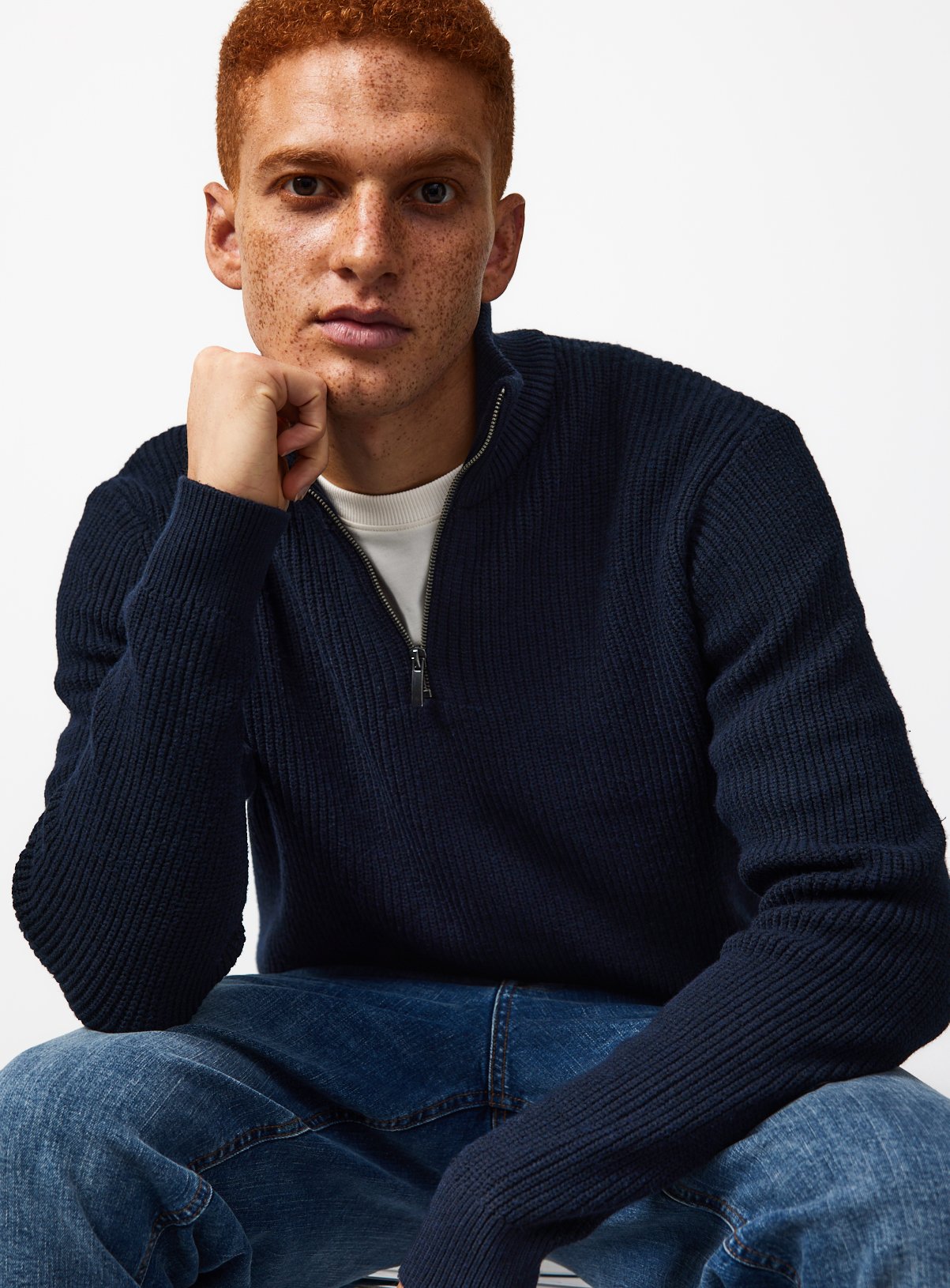 Navy Ribbed Half Zip Funnel Neck Jumper 