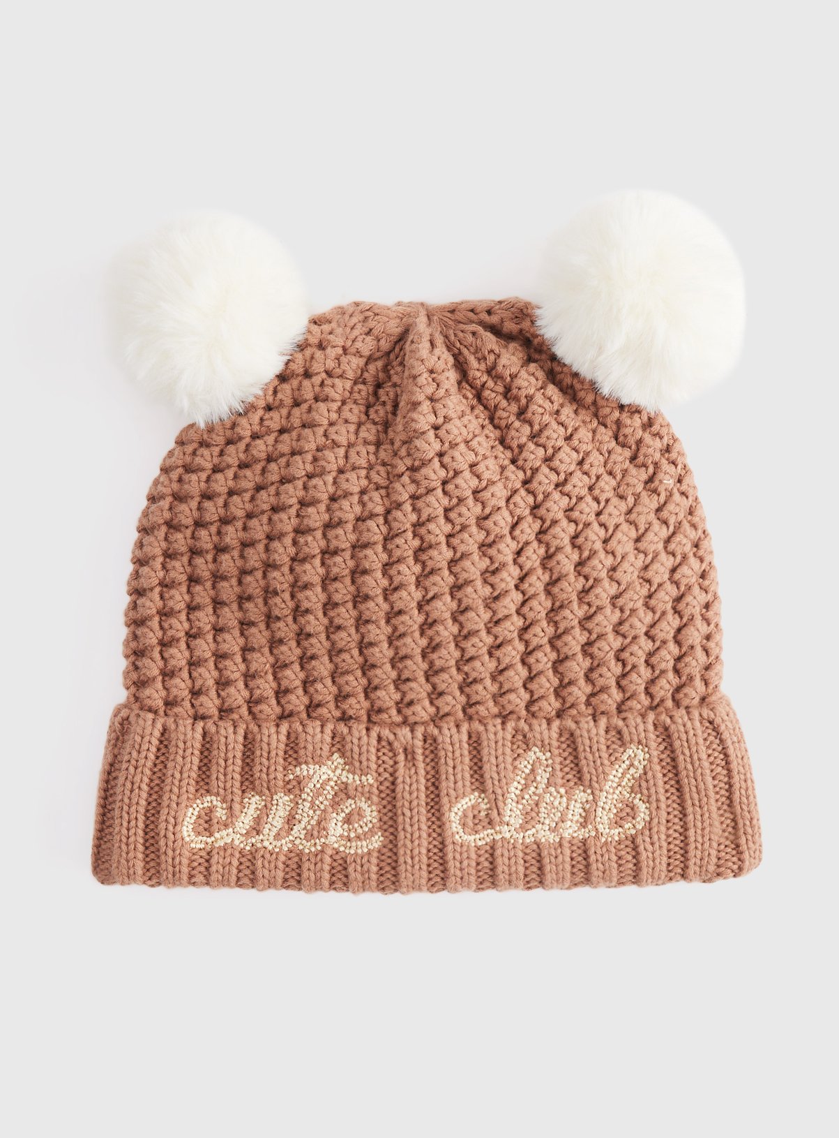 Brown Cute Club Graphic Double Pom Detail Beanie Hat 3-6 months