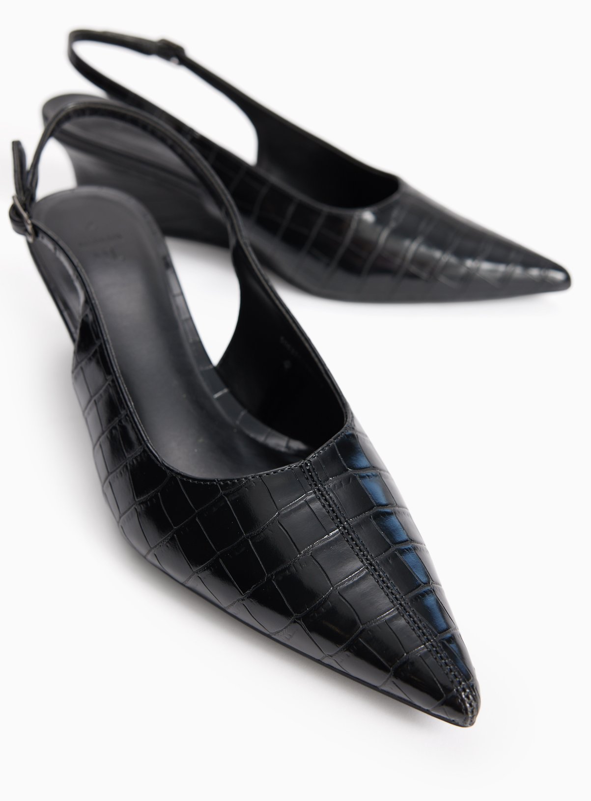 Black Wedge Faux Leather Croc Detail Slingback Shoes 