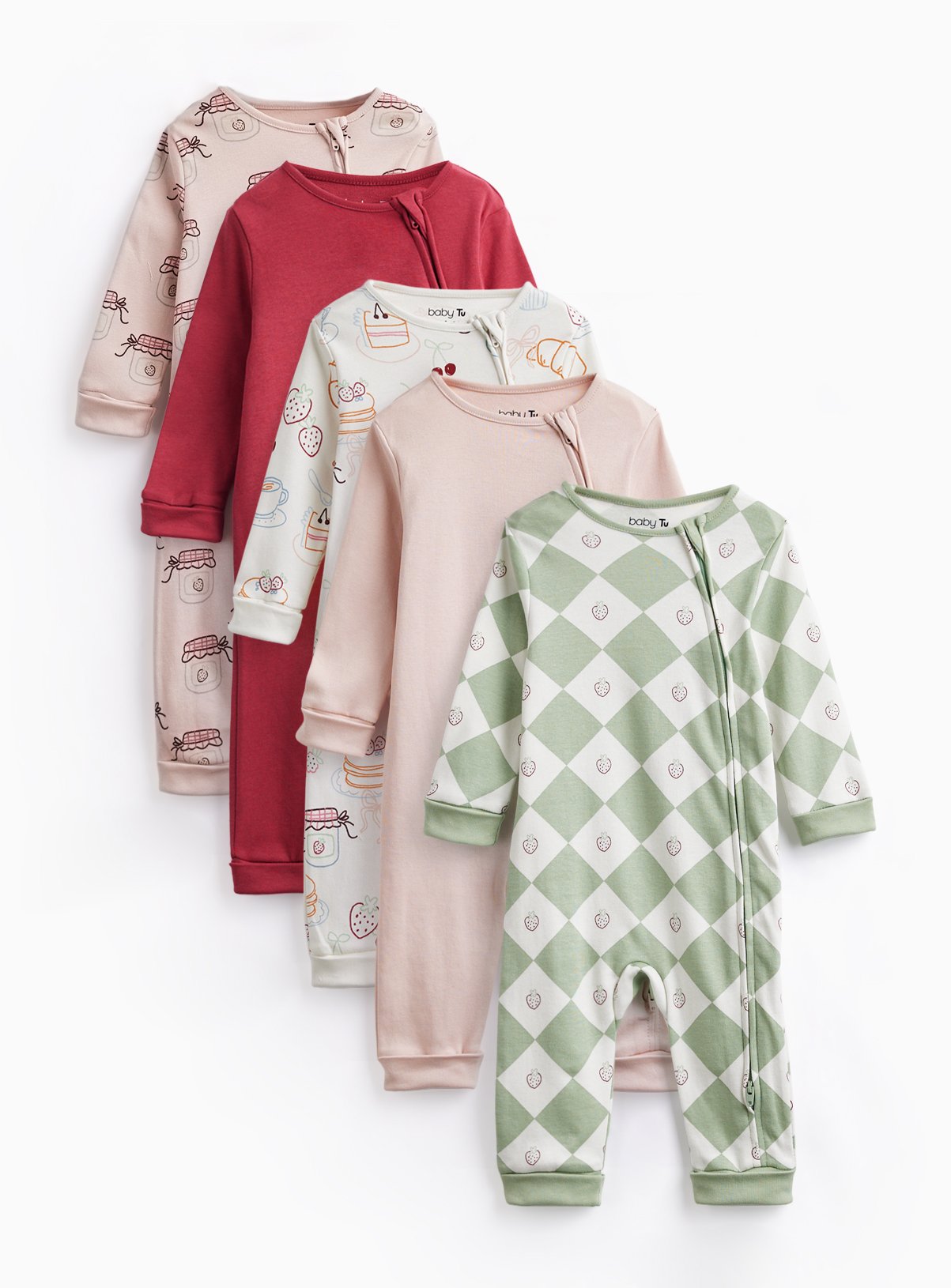 Jam & Checkerboard Print Sleepsuits 5 Pack 12-18 months