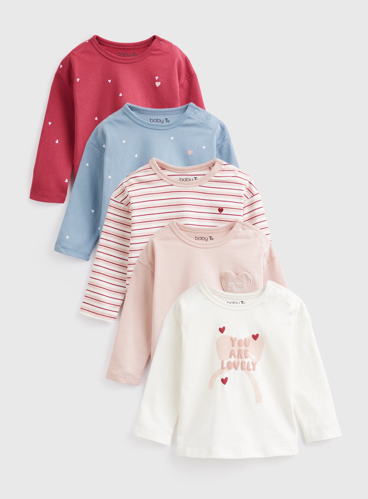 Heart Print Preppy Long Sleeve Tops 5 Pack 