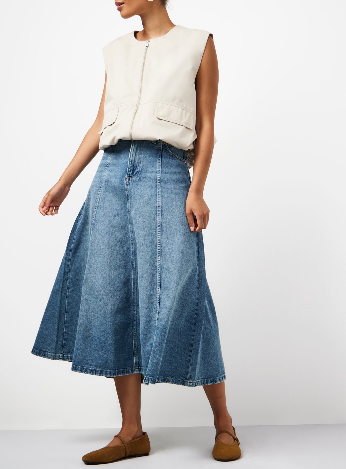 Mid Blue Denim Panelled Full Skirt 
