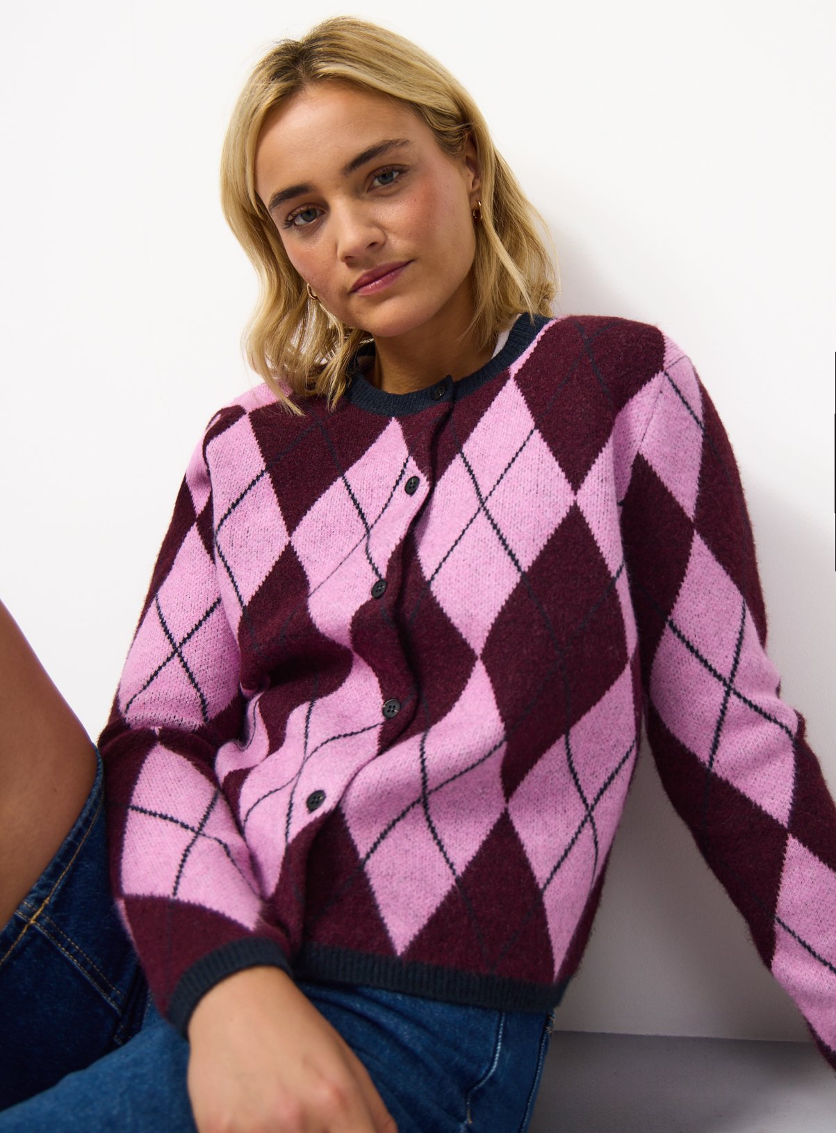 Purple Argyle Print Button Through Cardigan 