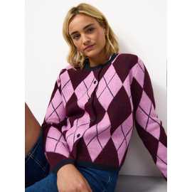 Purple Argyle Print Button Through Cardigan