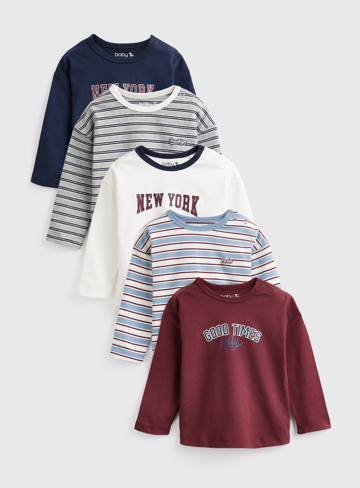 Varsity Print Preppy Long Sleeve Tops 5 Pack 