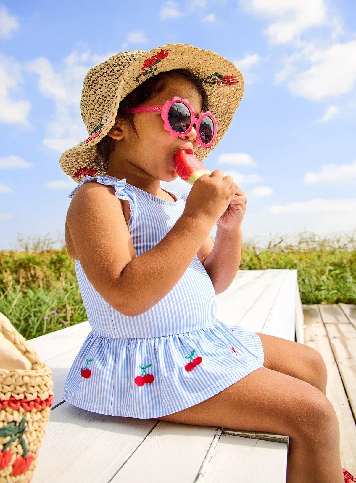 JOJO MAMAN BÉBÉ Cherry Stripe Frill Swimsuit