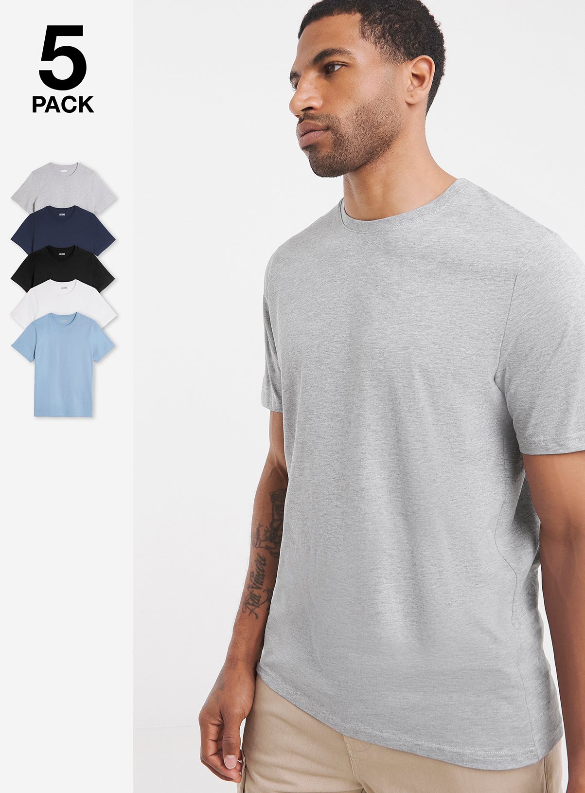 JACAMO 5 Pack Multi Crew T Shirt Long Length 2XL