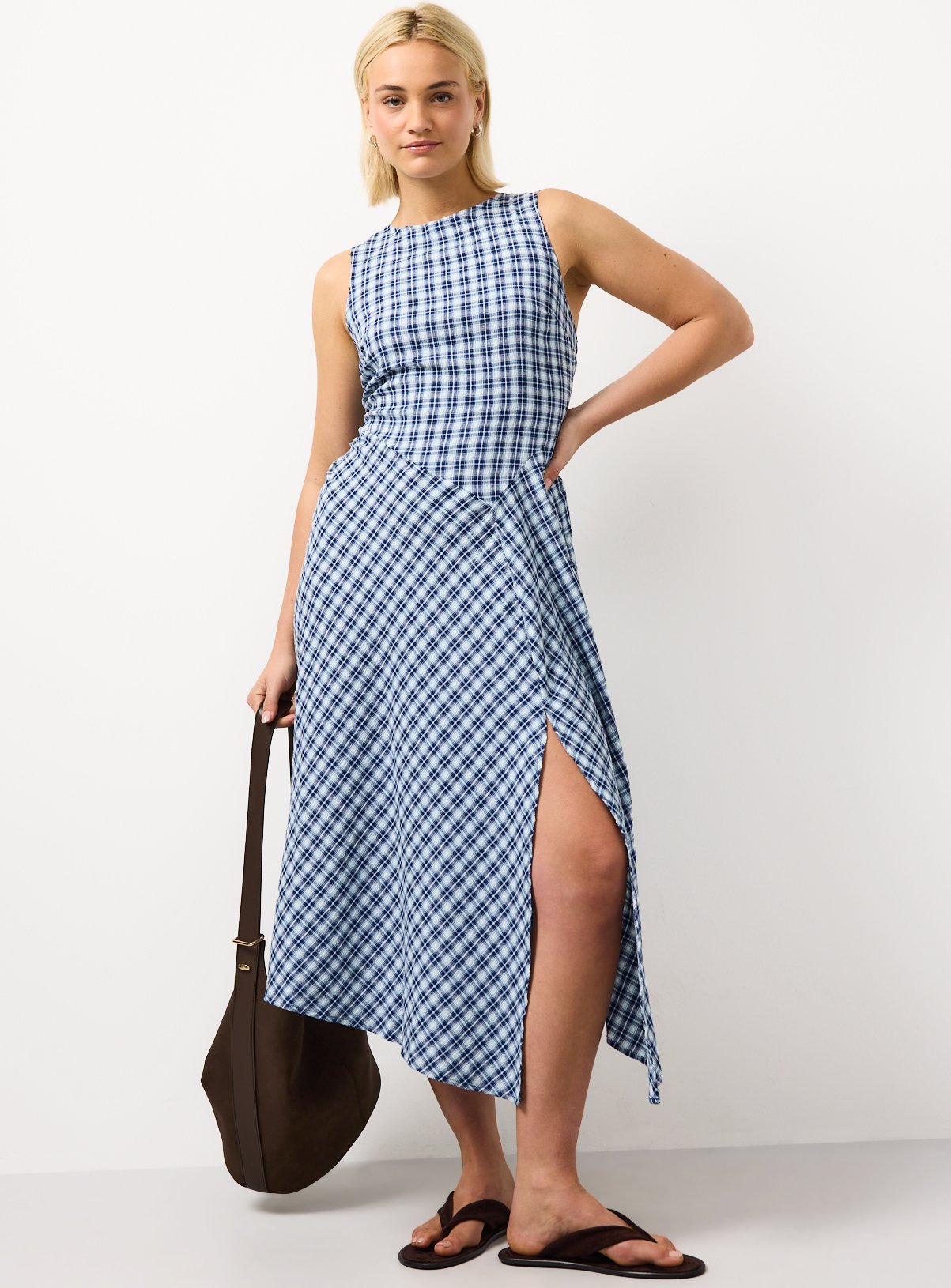 Blue Checked Print Asymmetric Hem Sleeveless Midaxi Dress 12