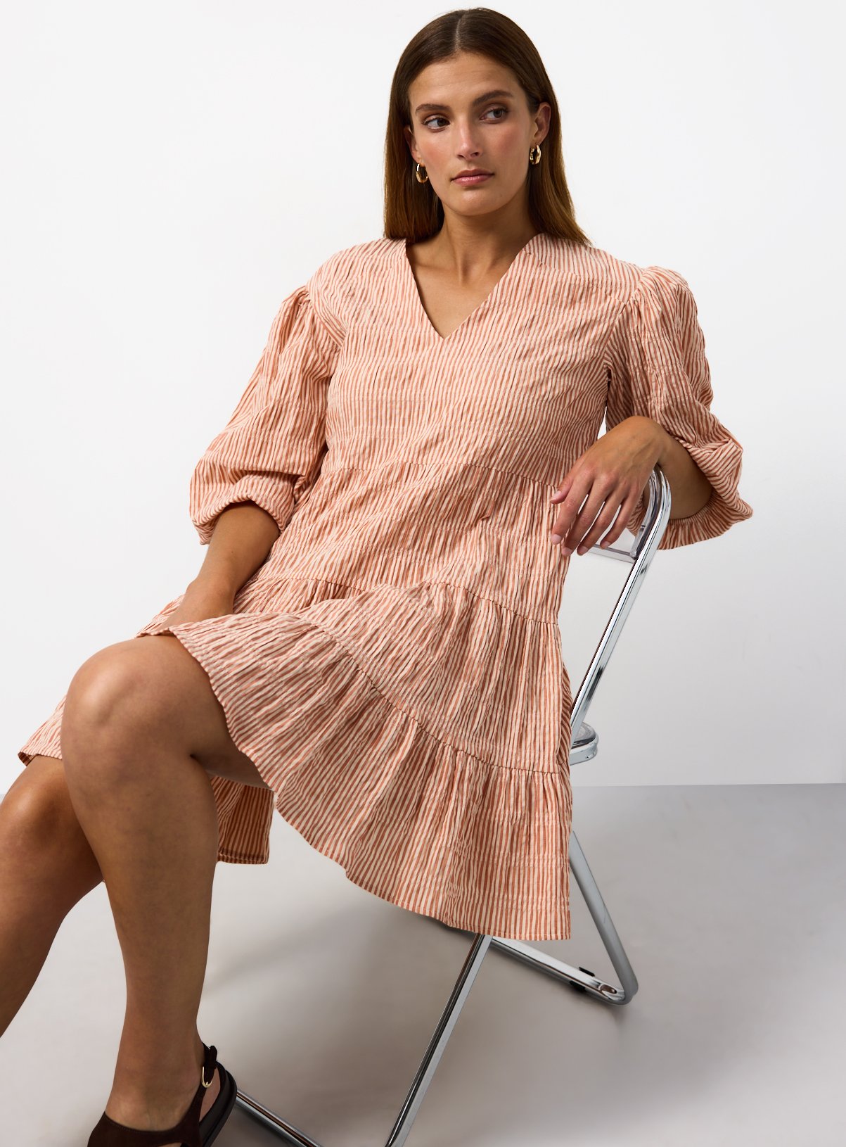 Red Stripe Volume Mini Smock Dress 