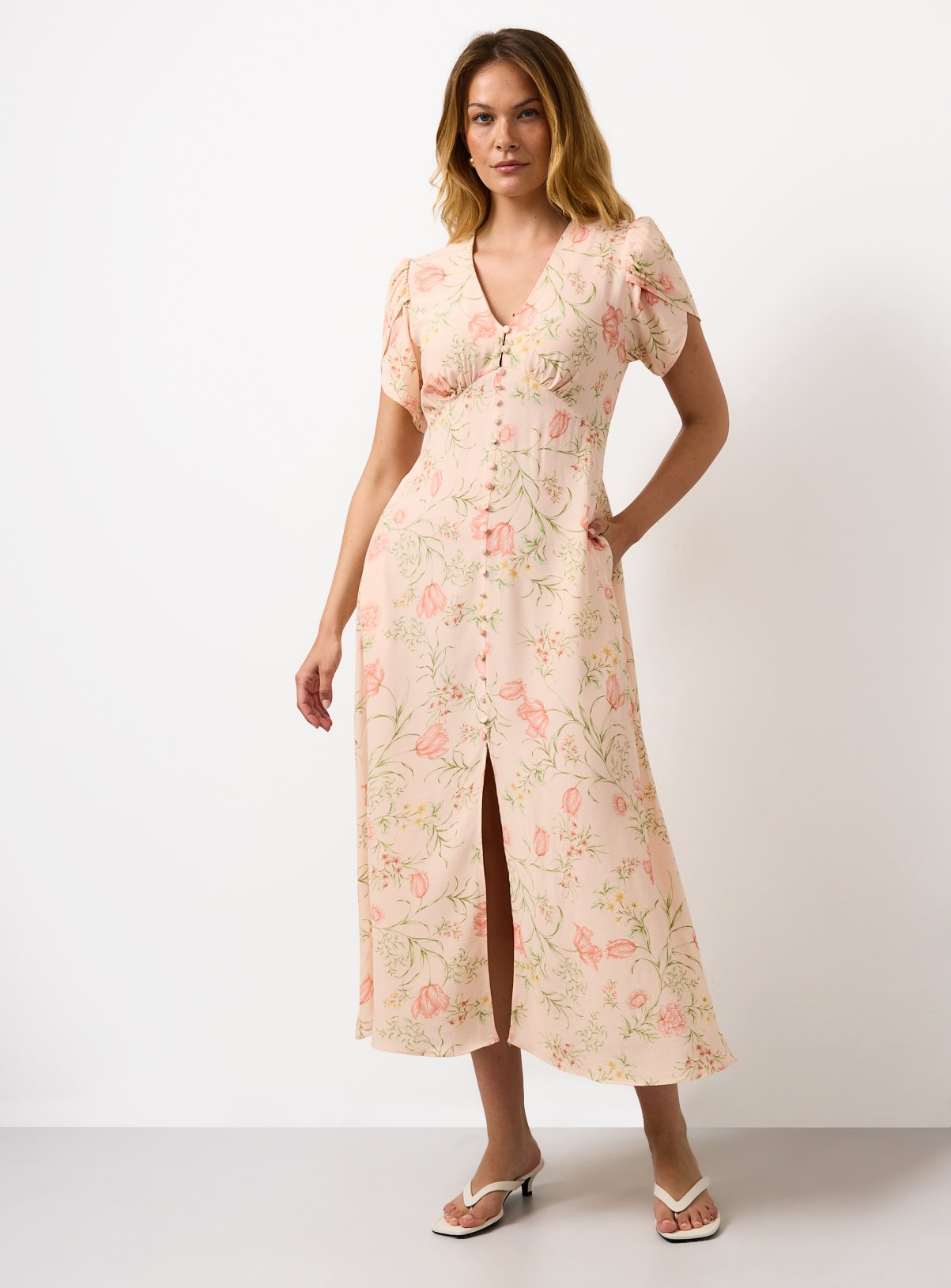 Peach Floral Tulip Sleeve Midi Dress