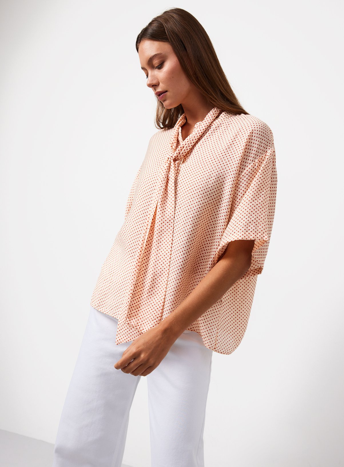 Orange Polka Dot Print Scarf Shirt 14