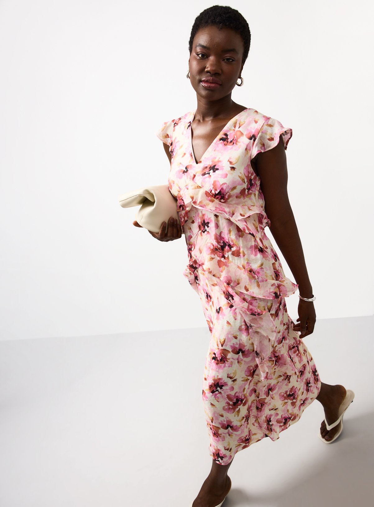 Pink Floral Print Ruffle Detail Midaxi Waisted Dress 